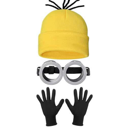 3 Pcs Halloween Costume Accessories Adult, Vintage Goggoles Eyewear Glasses/Yellow Beanie Knit Hat/Black Gloves for Kids Men Women Cosplay Party Set