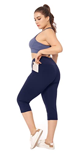 2X Navy Plus Size Women's Leggings with Pockets High Waist Tummy Control