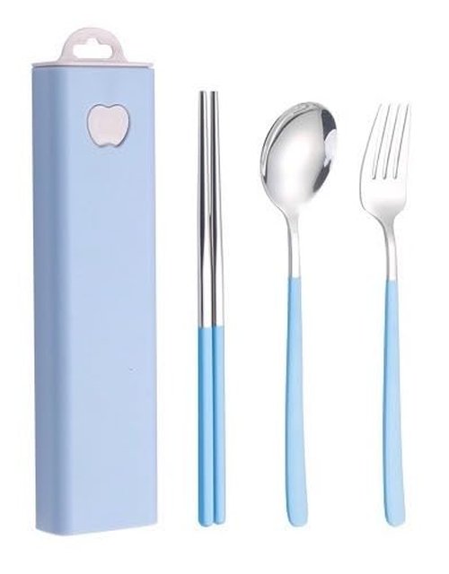 Pretihome 3 Pieces Portable Travel Utensils with Case 18/8 Stainless Steel Silverware Set for Camping Office School Lunch Including Chopsticks Fork Spoon Dishwasher Safe (Light Blue)