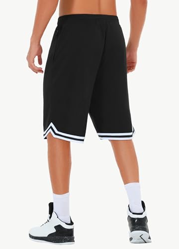 Men's 11-Inch Basketball Shorts with Zipper Pockets - Large, Black, Athletic Gym Wear