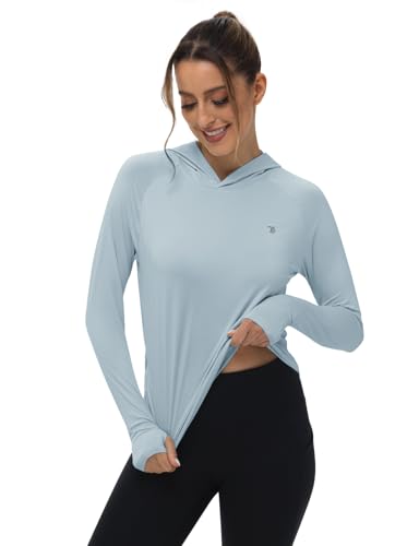 Women's UPF 50+ Sun Protection Hoodie Shirt Long Sleeve Outdoor UV Lightweight Sky Blue Medium