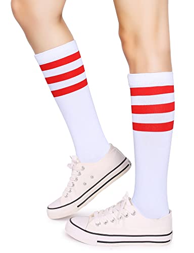 Henwarry Over the Calf Tube Socks - Classic Triple Stripes Cotton Retro Socks, One Size / A03-Red White