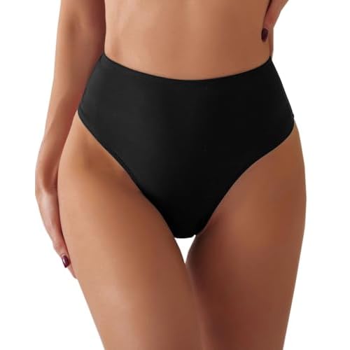 Women's Sexy High Waisted Ruched Back Cheeky Thong Bikini Swimsuit Bathing Suit Bottoms