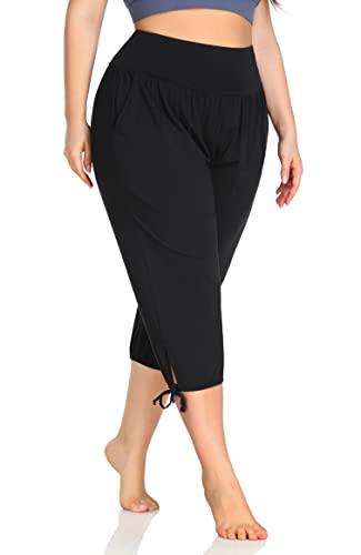 2X ZERDOCEAN Women's Plus Size Yoga Capri Pants Lounge Joggers with Pockets Black