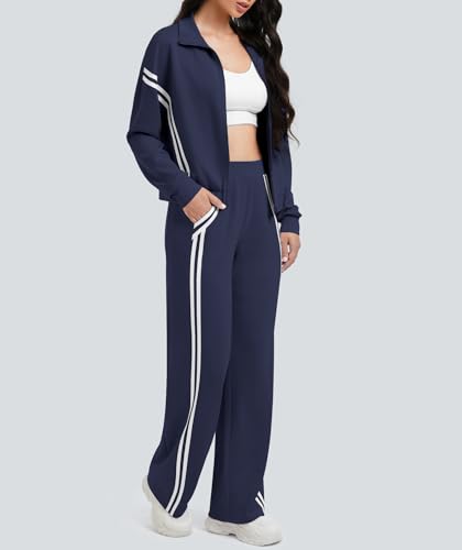 Women's 2 Piece Lounge Sets Navy Blue Large Zip Up Striped Tracksuit - Casual Wear