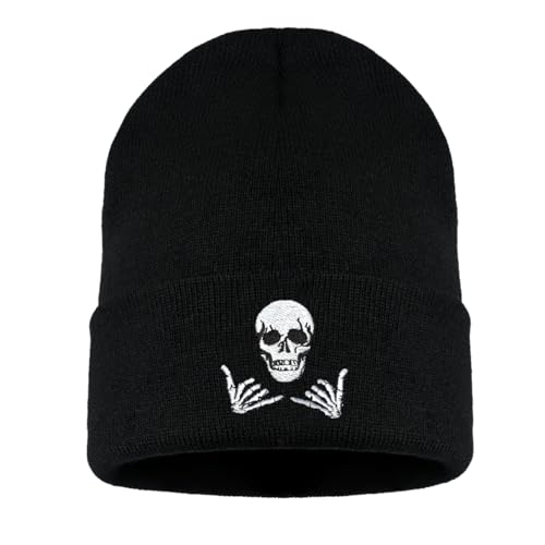 Winter Embroidered Skeleton Beanie Hat Skull Cap for Men Women - Black & White