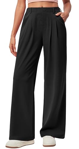 Wide Leg Dress Pants for Women Pull-On Business Casual Outfits - Large, Black