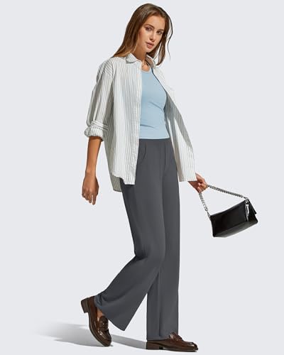 G4Free Ribbed Knit Wide Leg Pants Women with Pockets 32-Inch Inseam Dark Gray