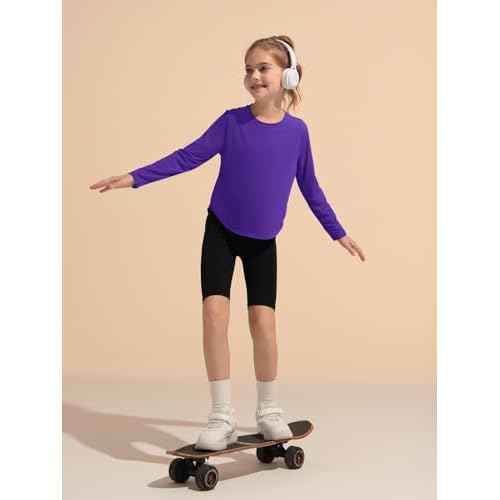 Haloumoning Girls Athletic Shirts Kids Long Sleeve Active Sports T Shirts Quick Dry Tunic Tops Basic Tees 5-14 Years