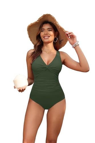 Women's X-Large Tummy Control One Piece Swimsuit with Push-Up and Full Coverage - Army Green