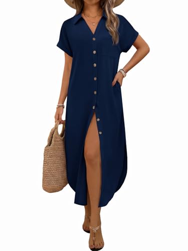 Summer Dresses for Women Navy Large - Casual Short Sleeve Maxi Beach Cover Up with Pockets