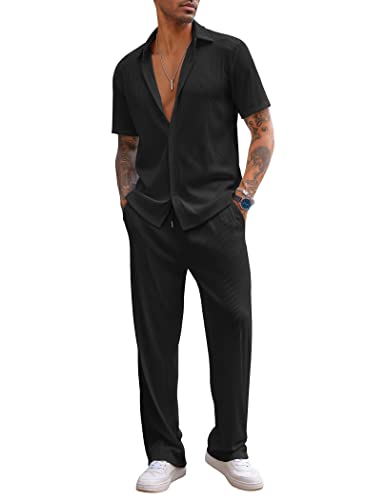 Men's Casual Short Sleeve Button-Down Shirt & Loose Pants Set - Black, Large