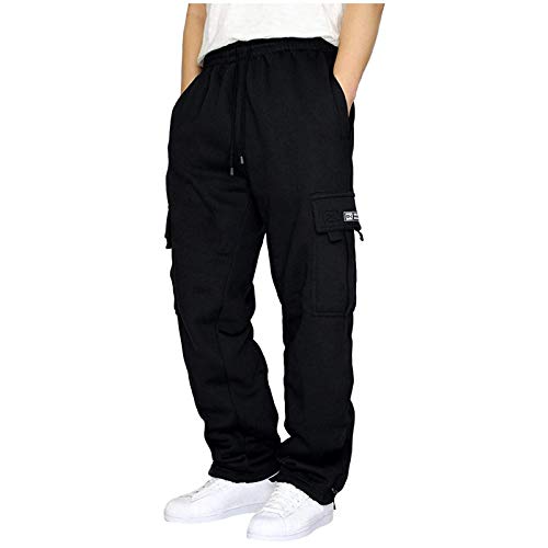 Men's Cargo Sweatpants Open Bottom Fleece Joggers - Large / Black