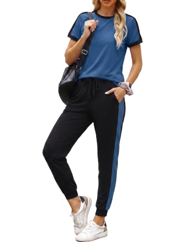 Marvmys Women's 2 Piece Summer Outfits - Large Dark Blue Color Block Tracksuit Set for Travel
