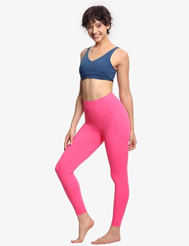 Women Tummy Control Yoga Leggings with Pockets - Full Length, Medium, Bright Pink