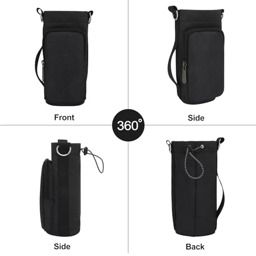 Water Bottle Carrier Bag, Small Canvas Crossbody Purse Portable Water Bottle Sling Holder Case with Adjustable Shoulder Strap and Phone Pocket Pouch for Men Women Hiking, Black