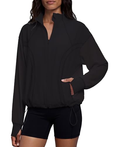 Gacaky Women's Lightweight Oversized Yoga Windbreaker Jacket Medium Black
