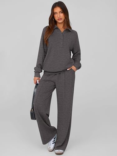 PRETTYGARDEN Women Fall 2 Piece Sweatsuit Lounge Set - Medium Dark Grey