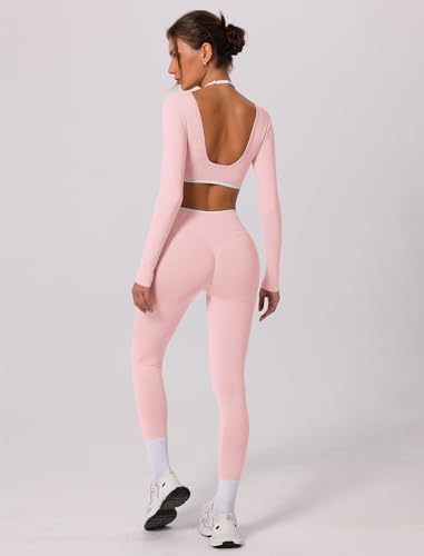 Pink OMEWEE Workout Sets for Women - Long Sleeve Crop Top & Anti-Squat Pants, Small