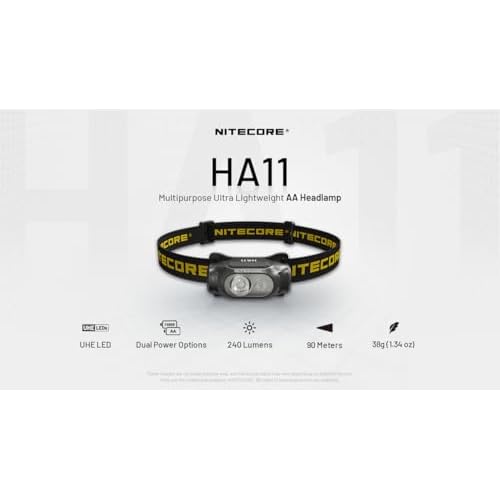 Nitecore HA11 Camping Headlamp, 240 Lumen Ultra Lightweight, use 1xAA Battery with Multi-Purpose Clip (Strap Headband)