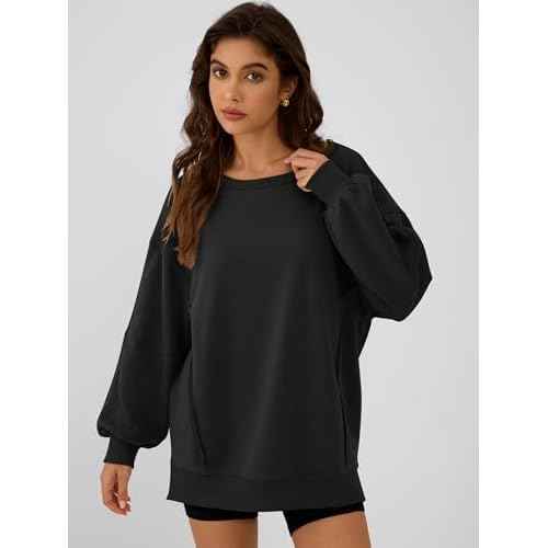 ANRABESS Women Oversized Long Sleeve Sweatshirts Crewneck Side Slit Loose Teen Girl Pullover Top 2025 Fall Y2K Trendy Outfits