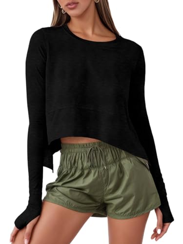 Aurgelmir Women's Long Sleeve Cropped Workout Top - Small Black