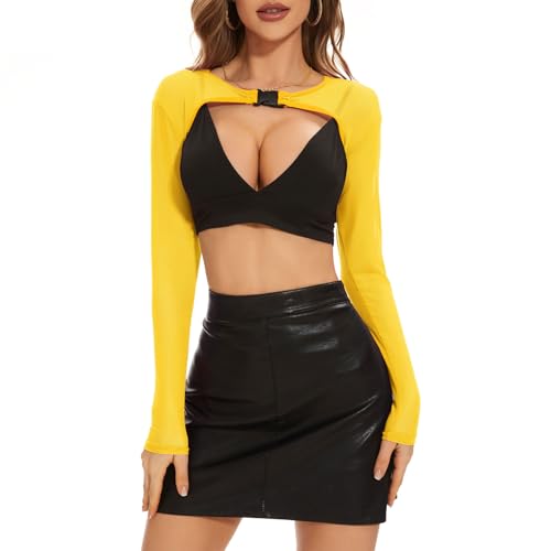 Century Star Mesh Crop Tops for Women See Through Shrug Long Sleeve Open Front Fishnet Cover Up Sexy Rave Outfits Sheer