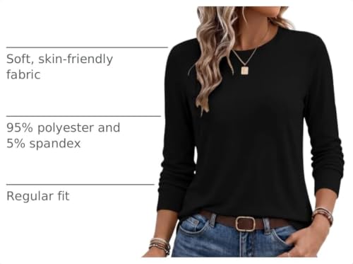 Ekouaer Women's Long Sleeve Crew Neck Shirt - Fall Basic Top, Large Black