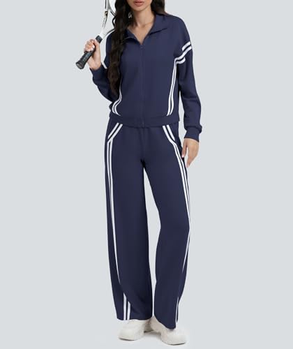 Women's 2 Piece Lounge Sets Navy Blue Large Zip Up Striped Tracksuit - Casual Wear
