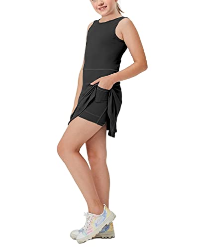 Kids Tennis Dress with Shorts & Pocket - Girls Sleeveless Crewneck Outfit 7-8 Years Black