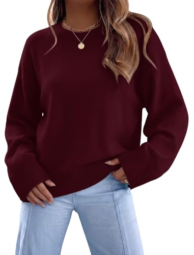 Women's Sweaters Crew Neck Fall Tops - Long Sleeve Fashion Clothing - Medium Wine Red