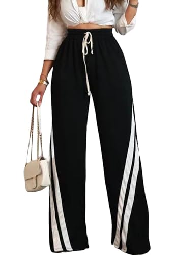 Women's Wide Leg Striped Drawstring Track Pants - Large Black Sweatpants