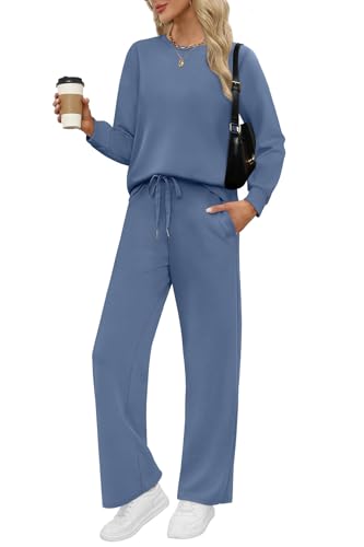 WIHOLL Lounge Sets for Women 2-Piece Travel Outfits Fall 2026 Sweatsuit Tracksuit Medium Grey Blue