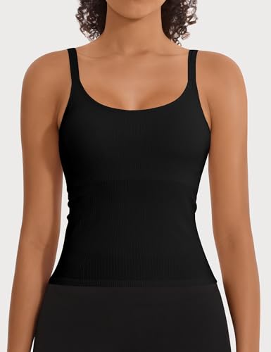 Large 2 Pack Women's U-Back Workout Tank Tops with Built-In Sports Bras - Black & Pink