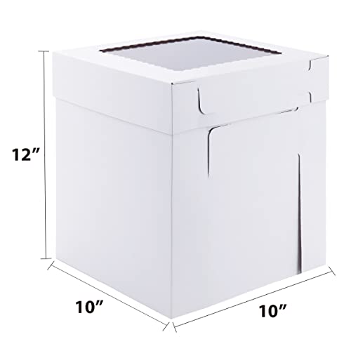 Tall Cake Boxes 10x10x12 Inch 3 Pack with Transparent Top Window, Recyclable Kraft Cardboard, Adjustable Height for Tier Cakes & Gifts