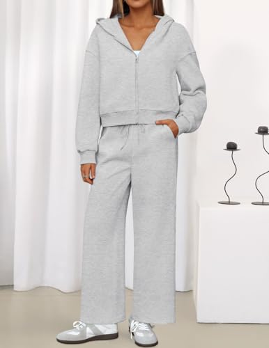 ZESICA Women's 2 Piece Zip Up Sweat Set - Fall Airport Travel Outfit - XL Grey