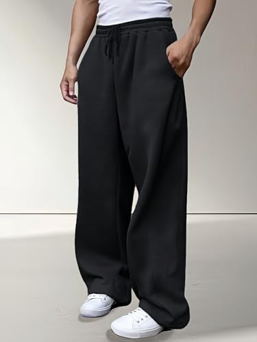 Men's Black Fleece Wide Leg Baggy Sweatpants with Elastic Drawstring Waist - Large