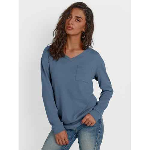 Trendy Queen Womens Long Sleeve Tops Casual Shirts V Neck Clothing Fall Fashion Clothes with Pocket