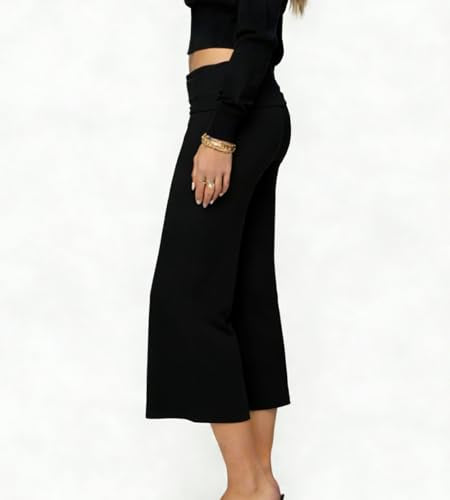 Women Foldover Gauchos Pants Small Black Wide Leg Culottes Cropped Bottom