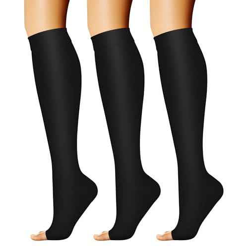 CHARMKING 3 Pairs Open Toe Compression Socks for Women & Men Circulation 15-20 mmHg is Best Support for All Day Wear