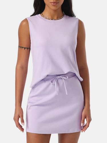 Women Cotton Skirt Set with Sleeveless Top and Tennis Skort - Light Purple Small