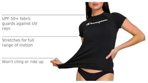 Champion Women's Short Sleeve Rash Guard Black Medium UPF 50+ Swim Shirt