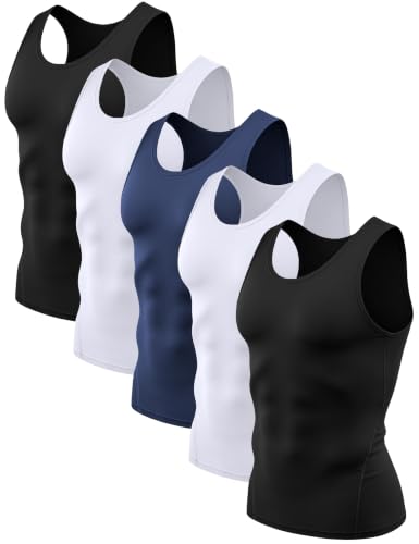 Dalavch Men's Sleeveless Compression Tank Top Pack - Large, 2 Black, 2 White, 1 Blue