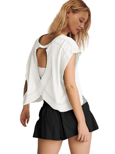 Panadila Women's Open Back Workout Tops Oversized T-Shirt - Medium White