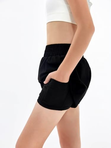 Girls High Waist Athletic Shorts 2-in-1 Running Shorts for 10-12 Years - Black