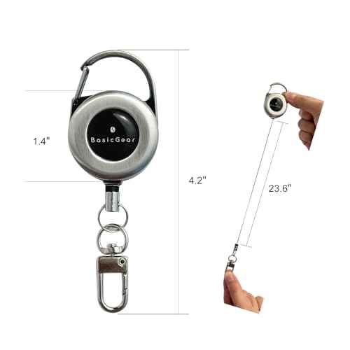BasicGear Retractable Keychain 2 Pieces Brushed Metal with 24 Inch Cord, Heavy Duty Badge Reel Holder for Outdoors