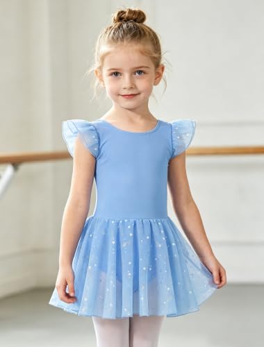 Toddler Girl's Ballet Leotard Dance Dress Outfit - Blue 4-6 Years, Shiny Star, Ruffle Sleeve, Criss-Cross Back