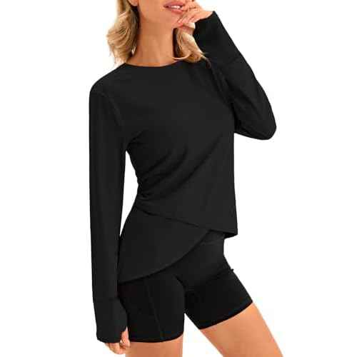Fisoew Womens Long Sleeve Workout Tops Athletic Compression Shirts Crew Neck Cross Hem Running Yoga Active Shirts