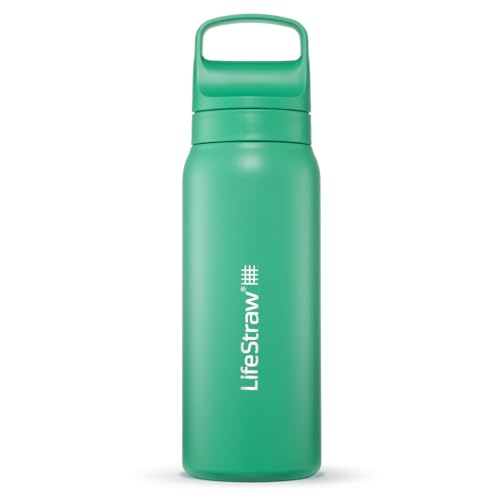LifeStraw Go Series ? Insulated Stainless Steel Water Filter Bottle for Travel and Everyday Use, Removes Bacteria, Parasites and Microplastics, Improves Taste, 24oz Cactus Green