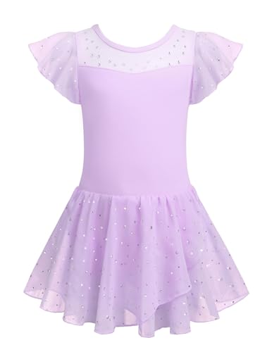 Girls Ballet Leotard with Ruffle Sleeves and Sparkle Details - Light Purple, 8-9 Years